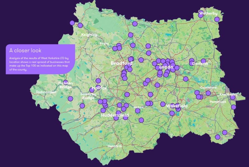A map of west Yorkshire showing that the locations of the top 100 businesses in the region are spread throughout the region.