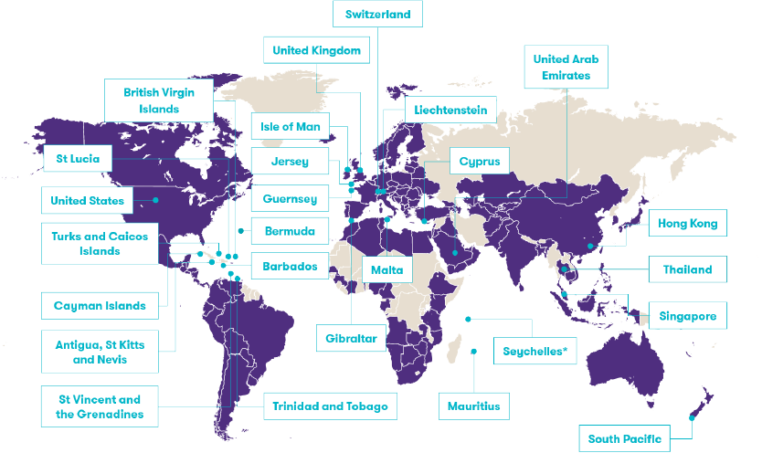 Map highlighting our member firms in purple, of which Grant Thornton Offshore operates in the named countries
