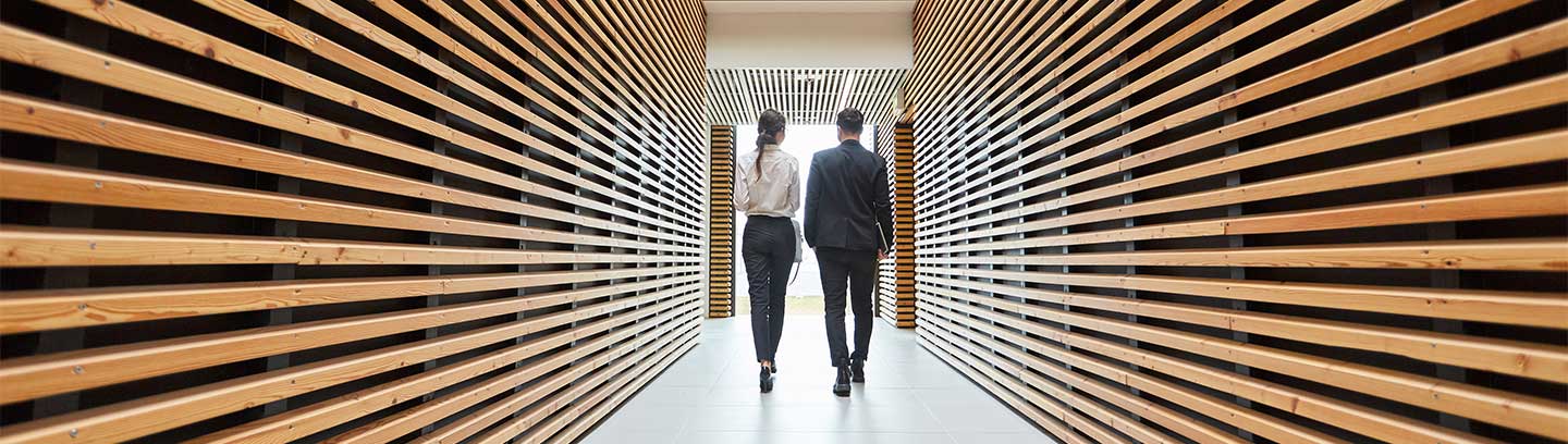 Two Colleagues Walking Along Corridor