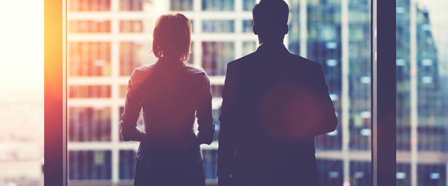 The backs of a business pair as they stare out of an office window