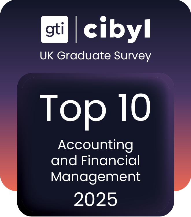 White text on a purple background that reads: GTI Cibyl UK Graduate Survey Top 10 Employer for Accounting and Financial Management 2025