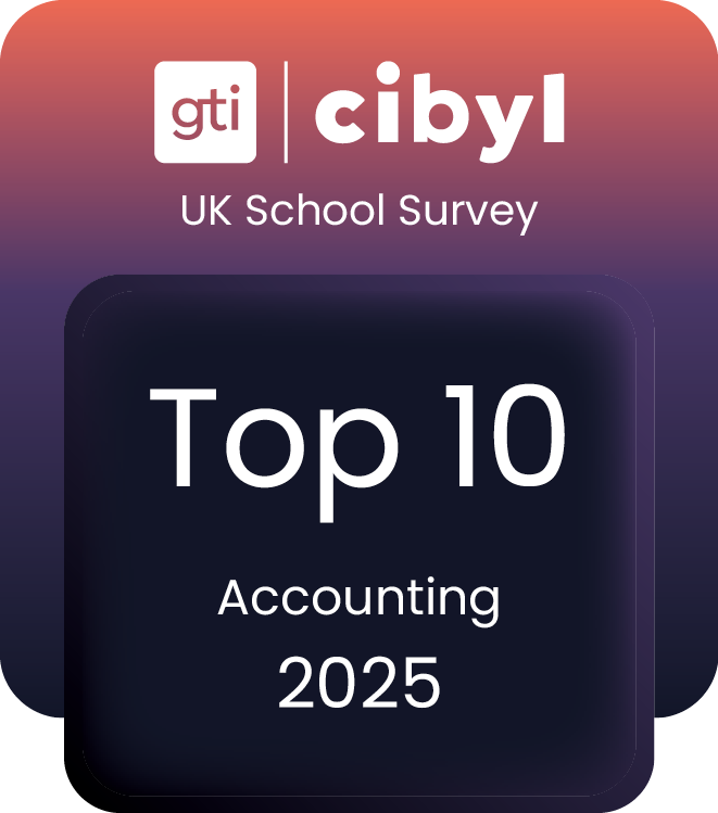 White text on a purple background that reads: GTI Cibyl UK School Survey Top 10 Employer for Accounting 2025