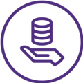 A purple icon showing a hand holding a stack of coins