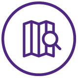  purple icon showing a map with a magnified 